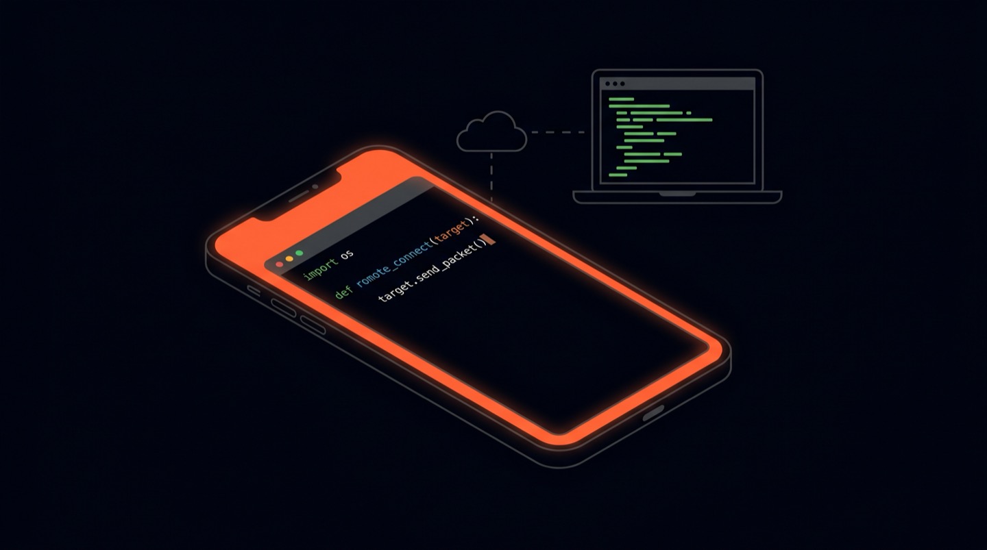 A smartphone displaying a terminal interface, connected to a laptop in the background