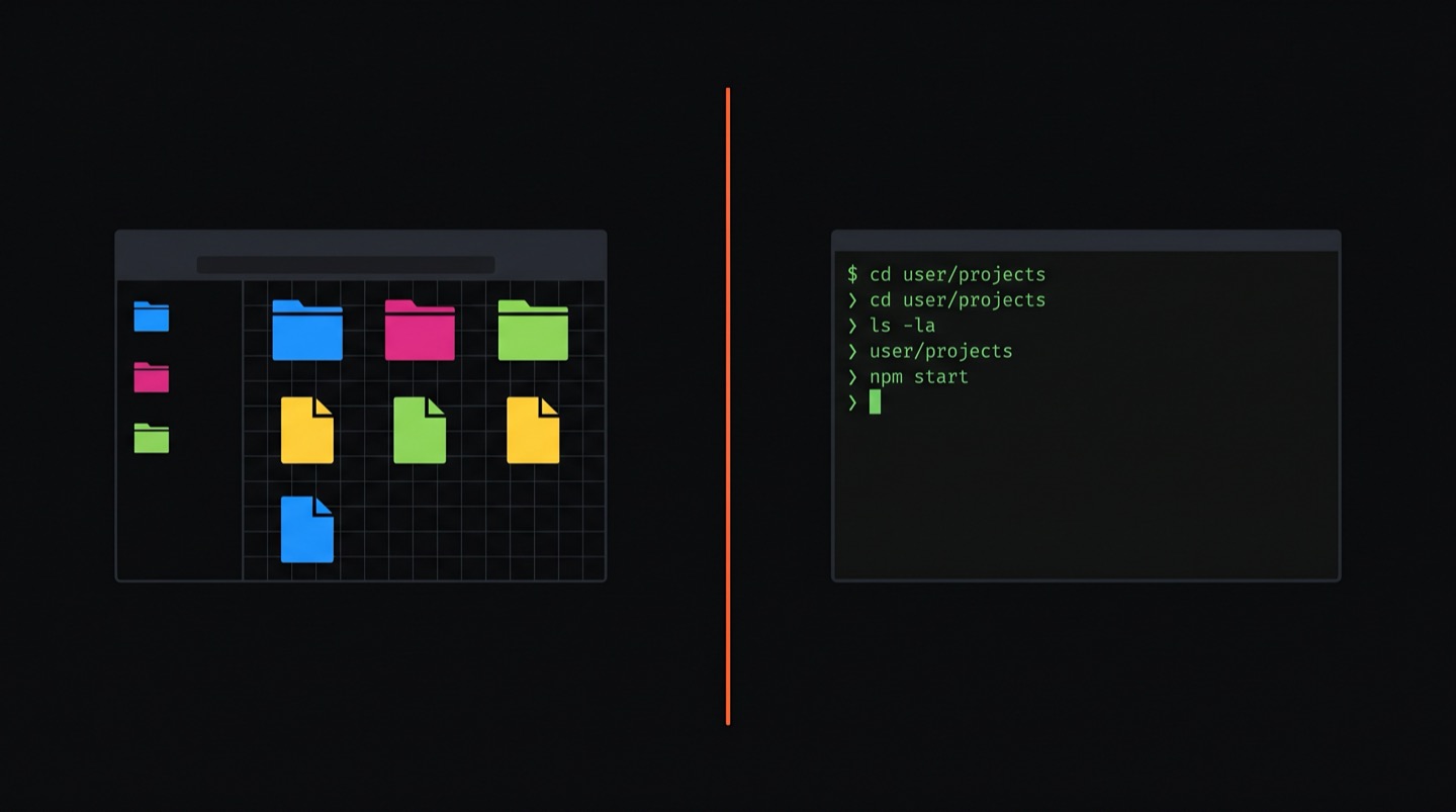 Split screen comparing a graphical folder window with colorful icons on the left and a dark terminal with green text commands on the right