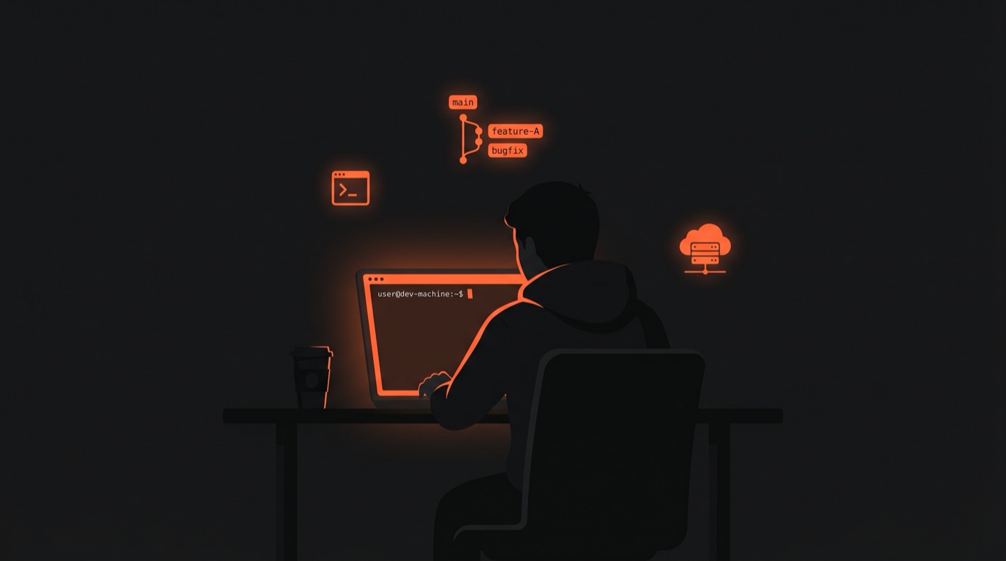 Person at a laptop with code on screen, surrounded by floating terminal, git, and cloud icons on a dark background