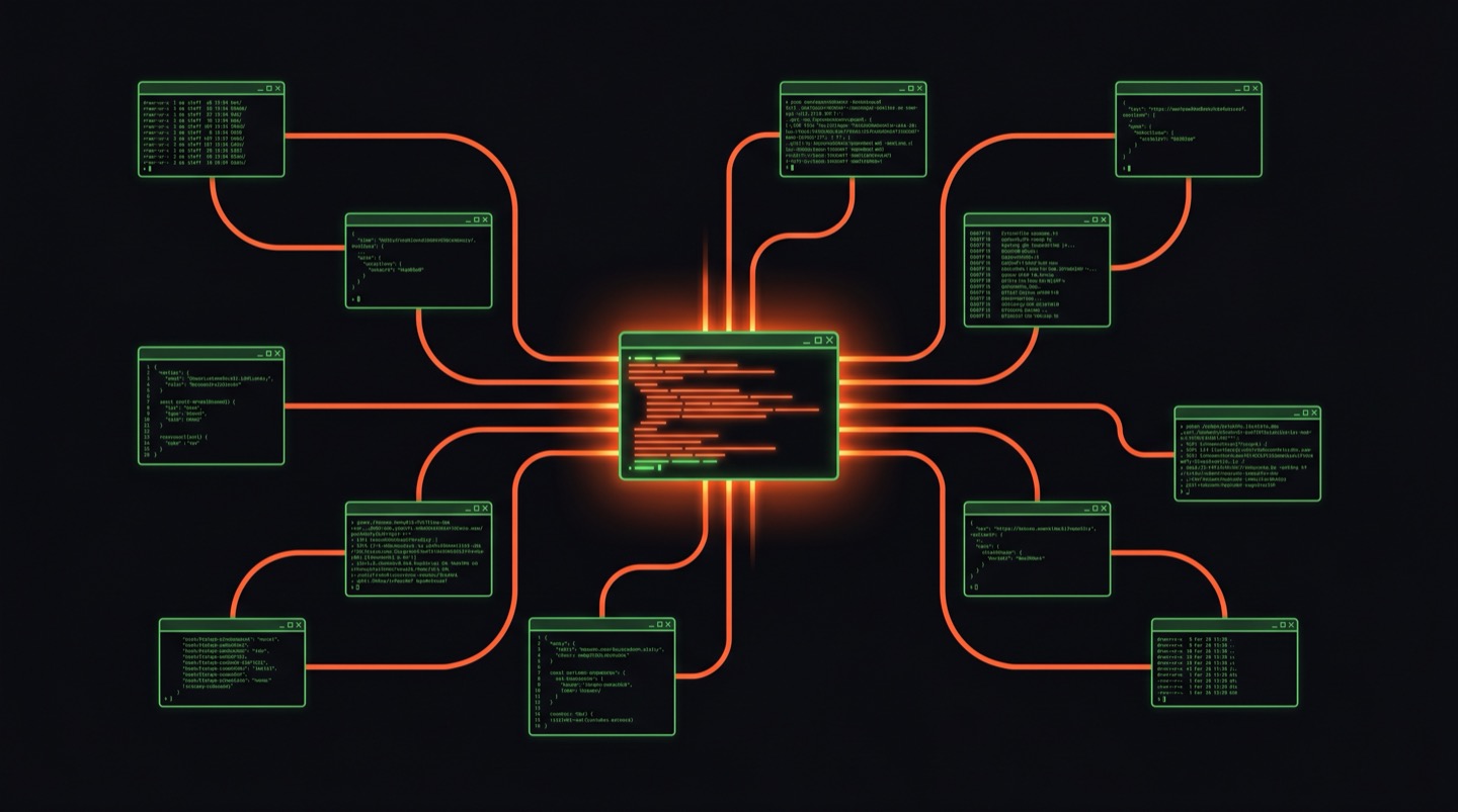 Multiple terminal windows connected by flowing lines in a workflow pattern, with a central orchestrating node