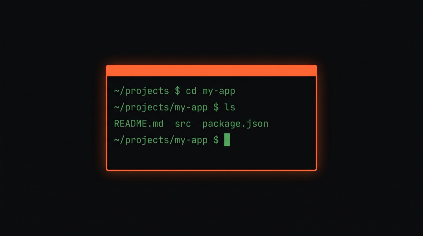 A terminal window showing basic commands like cd and ls