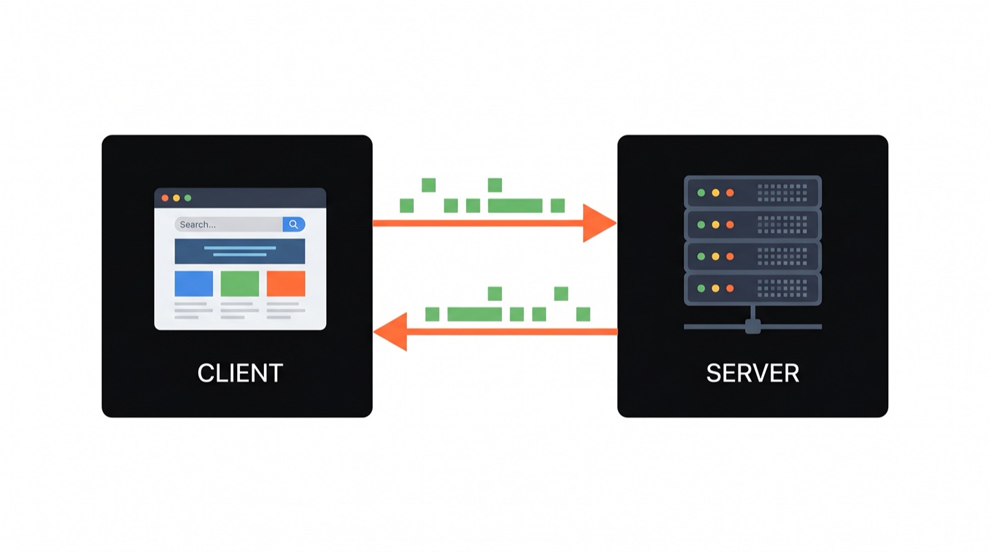 A client browser and server rack exchanging data packets through arrows