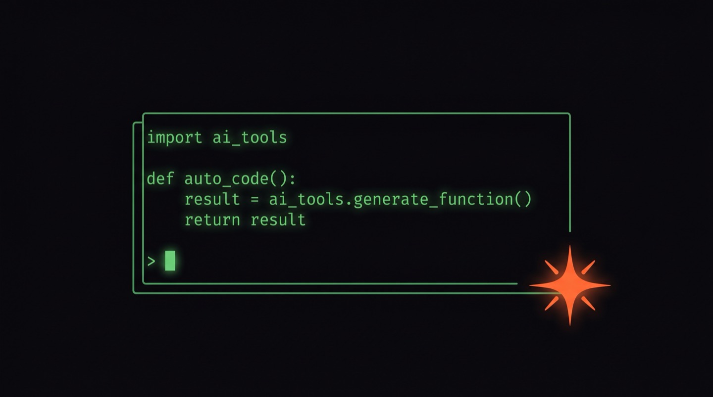 A dark terminal window with green code and an orange AI sparkle icon