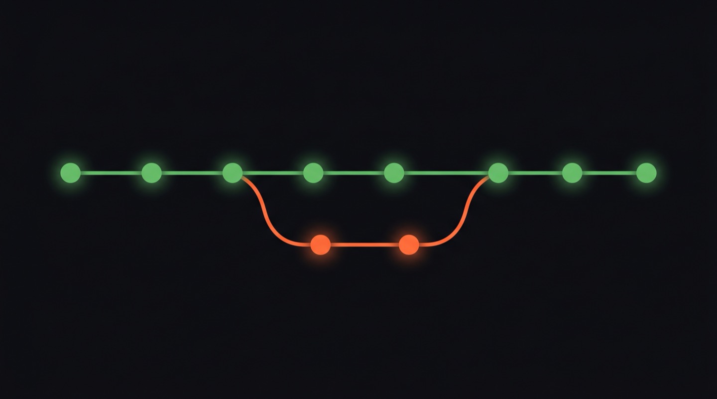 A git branch diagram with green and orange nodes showing commits branching and merging